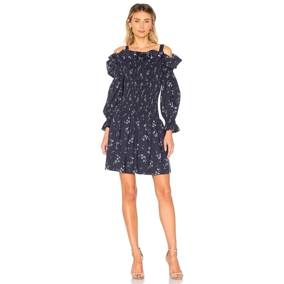 Revolve REBECCA TAYLOR Francine Off Shoulder Dress Floral Smocked Navy Blue 0 - Picture 1 of 16